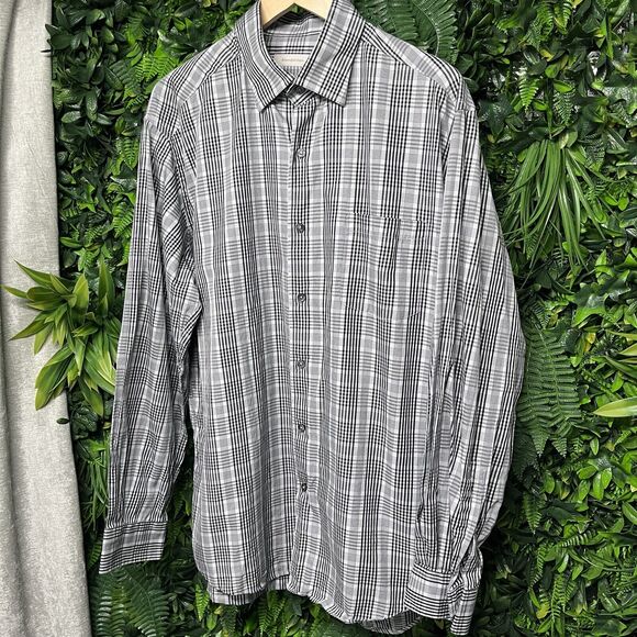 ERMENEGILDO ZEGNA Men Shirt XL Gray Black Plaid Collared Button Italy Made 1548 - Picture 2 of 12